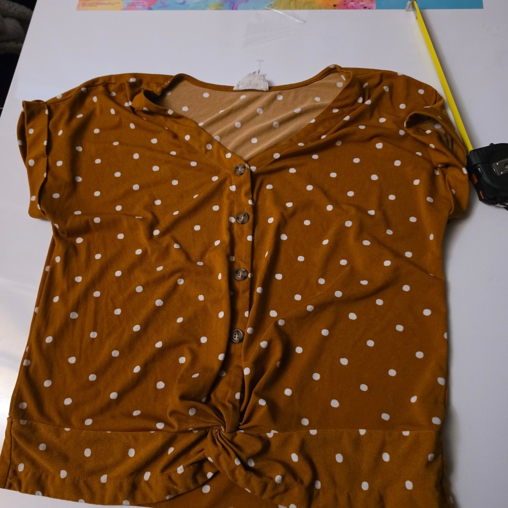 Flower & Feather Mustard Yellow Polka Dot Twist Front Button Top Womens M